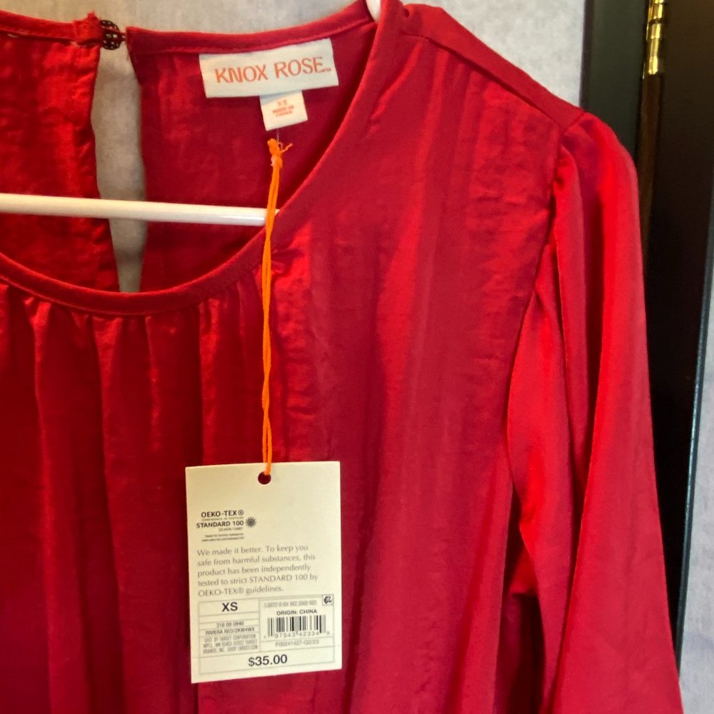 Knox Rose Red Satin Ruffled XS Mini Dress Gathered Scoop Neck Long Sleeve NEW - Picture 7 of 8